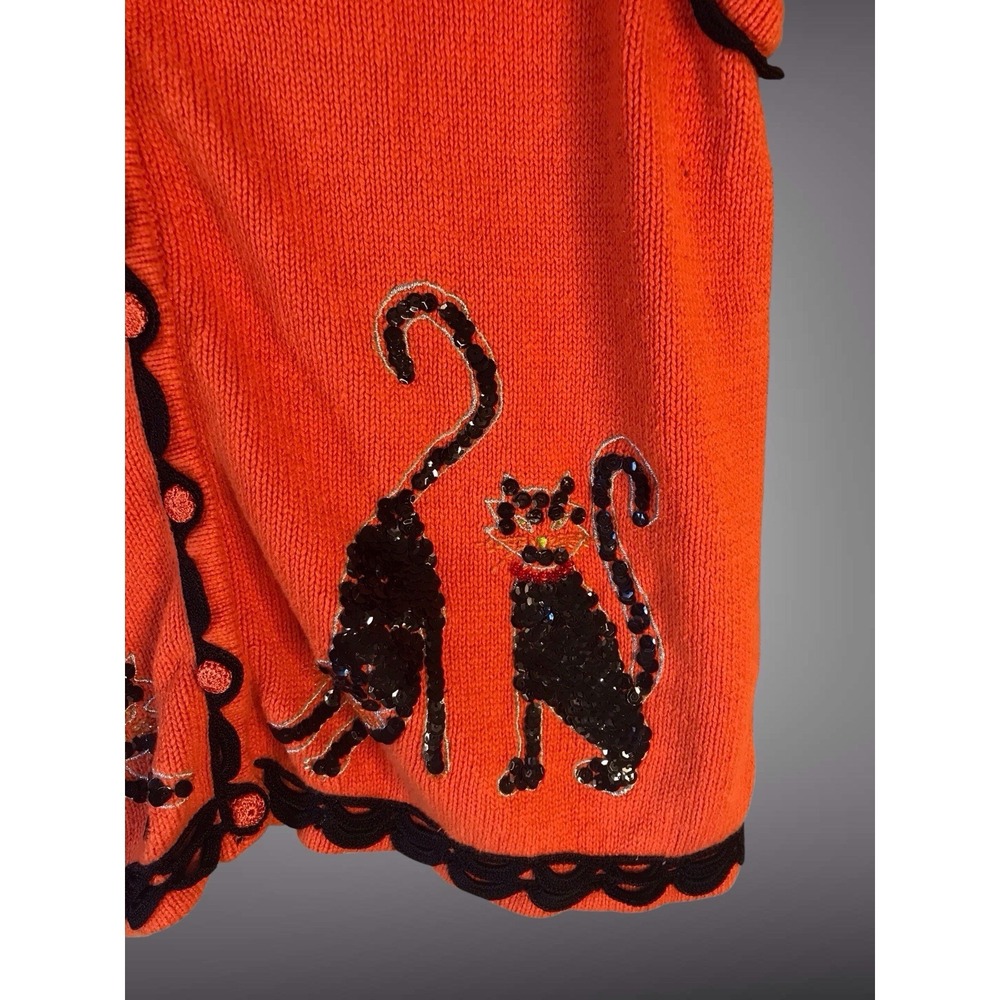 Vintage 90s Studio Treats Sequined Halloween Theme Vest Black Scaredy Cat Large - Picture 3 of 6